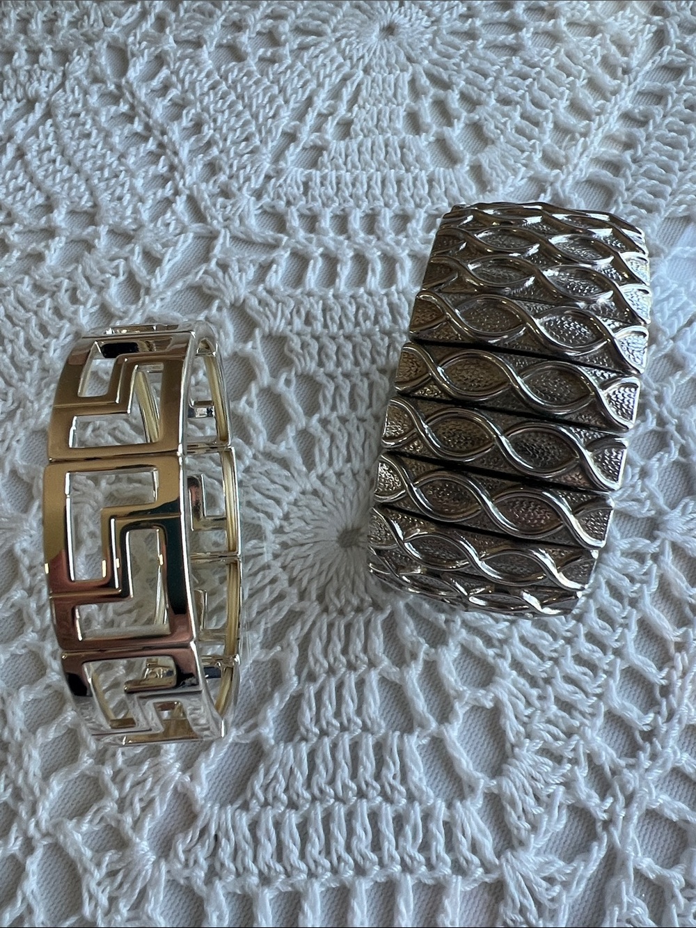 Set of Two Silver Tone Stretchy  Statement Cuff Bracelets